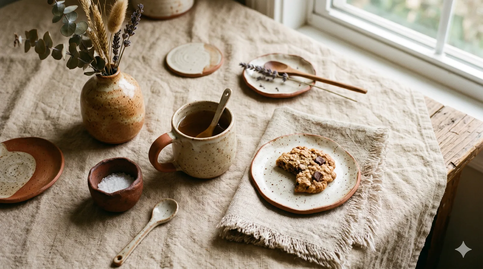 Handmade ceramic mug flat lay in warm natural light — Etsy seller hero example